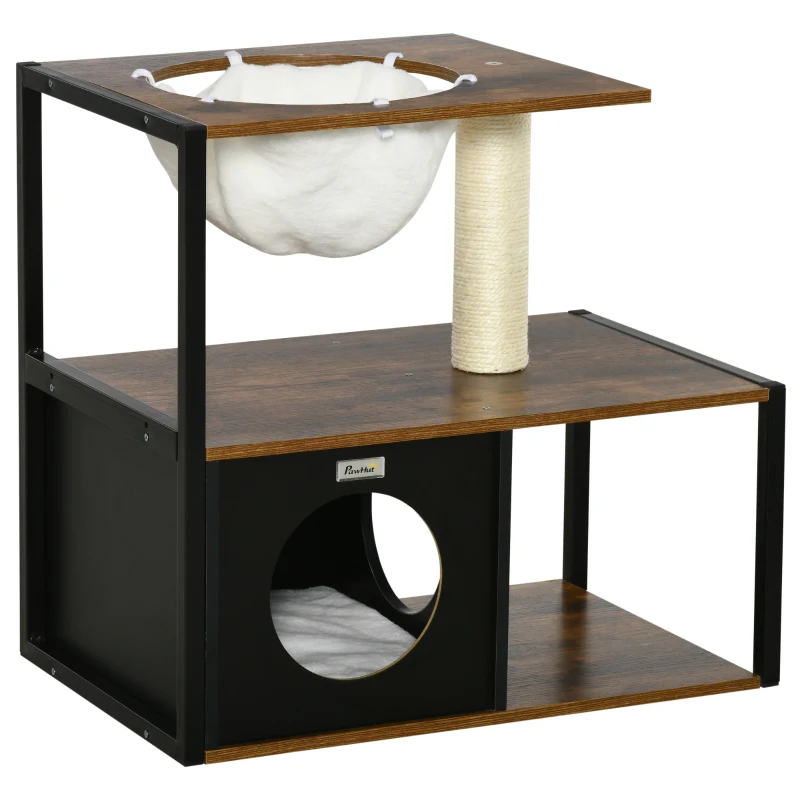 PawHut Kattenmeubel Krabpaal met Kattenhol Kattenhuis met Kattenbed Kussen Hangmat Sisal Bruin 64 x 40 x 60cm