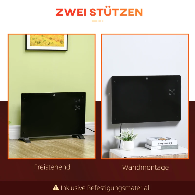 HOMCOM Elektroheizung Elektrische Raumheizung 1000/2000W mit Fernbedienung, 24-Stunden-Timer, LED,s, Schwarz