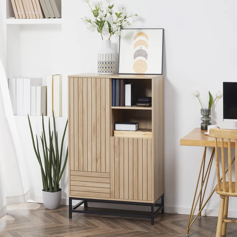 HOMCOM Dulap de depozitare texturat cu sertar, compartimente deschise, rafturi reglabile pentru intrare, dormitor, living, natural