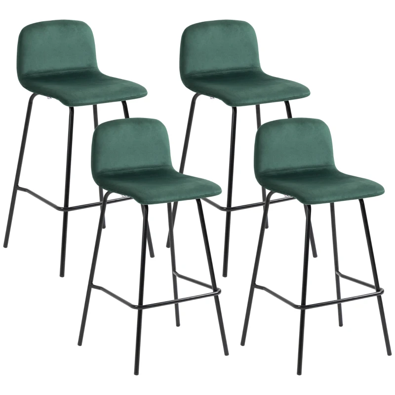 HOMCOM Set de 4 scaune de bar modern, scaun de bucatarie, de bar tapitate cu spatar, picioare de otel, verde