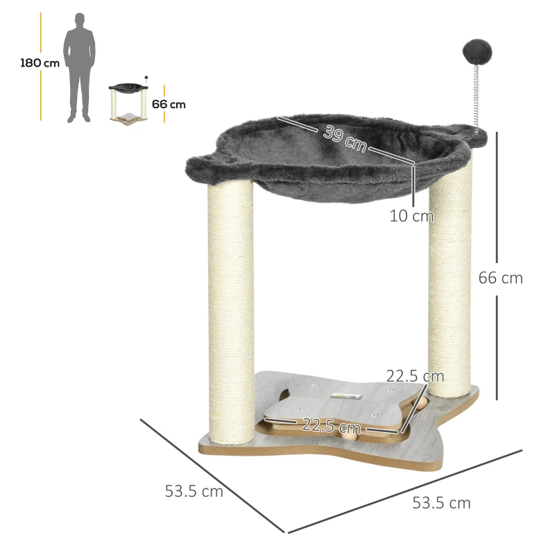 PawHut Ansamblu de pisici , turn pentru pisici cu 2 straturi pentru pisici de interior cu stalp de zgariat din sisal, pat pentru pisoi de plus, bila, 53,55x53,5x66 cm