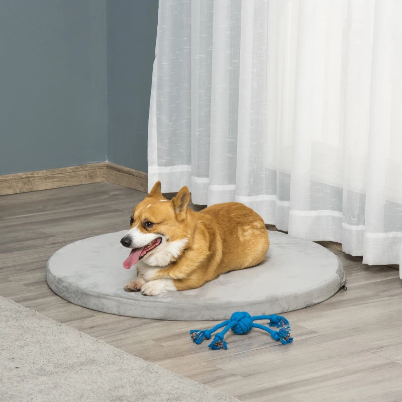 Culcus pentru Caini si Pisici PawHut Rotund cu Margini Ridicate si Perna, Patut pentru Caini Capitonat Efect Catifea, Φ93x15cm, Gri