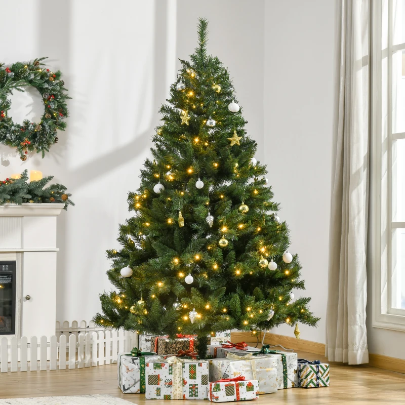 HOMCOM Árvore de Natal Artificial com 745 Ramos 200 Luzes LED com Cor Branco Quente Suporte e Decorações Incluídas Ø112x180cm Verde