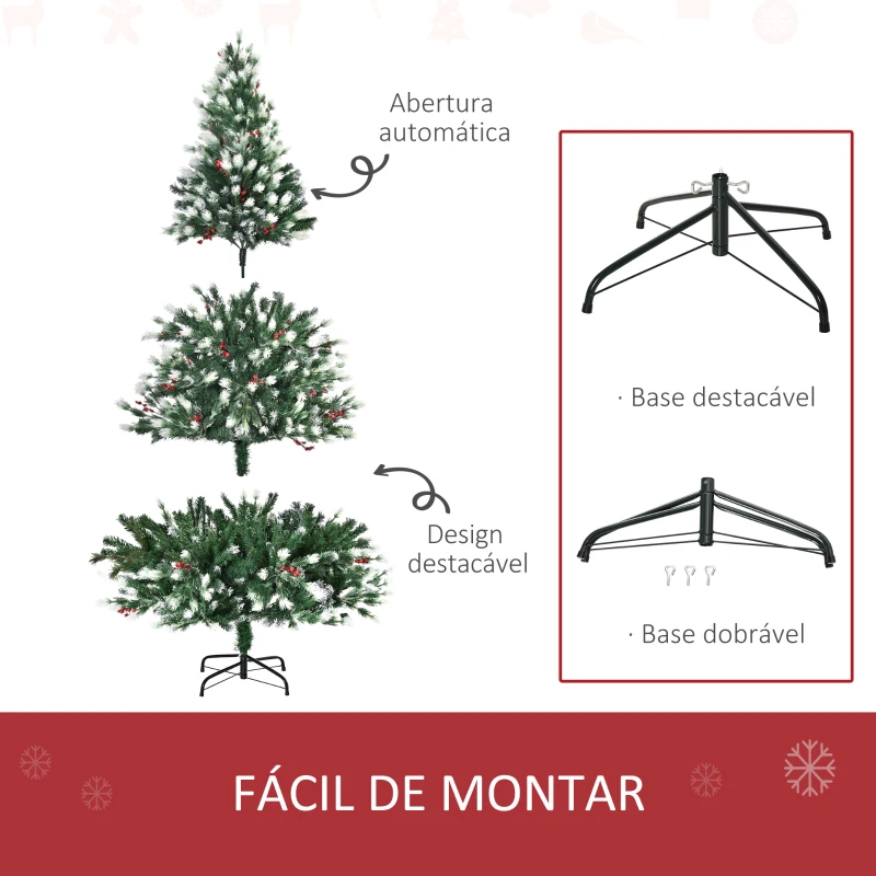 HOMCOM Árvore de Natal Artificial 180cm com 55 Frutinhas 836 Ramas PE Tridente PVC Base Dobrável e Suporte Metálico Decoração de Natal para Interiores Verde
