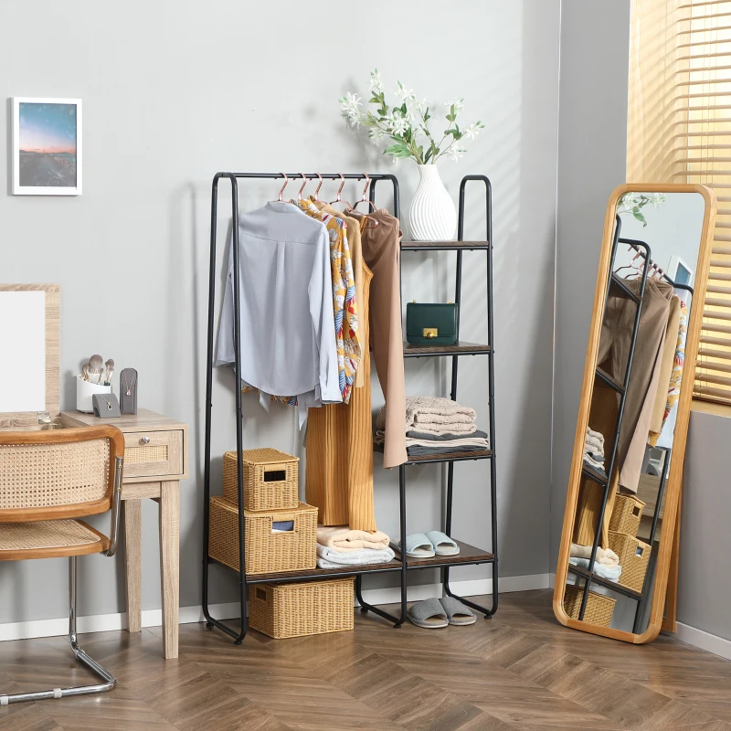 HOMCOM Suporte para Cabides com 4 Prateleiras de Armazenamento e Barra de Pendurar Estilo Industrial 101x39x160cm Marrom e Preto