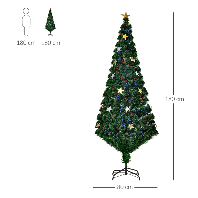 HOMCOM Árvore de Natal Artificial  180cm com Suporte Decorações de Natal Estrela Fibra Óptica LED Multicolor