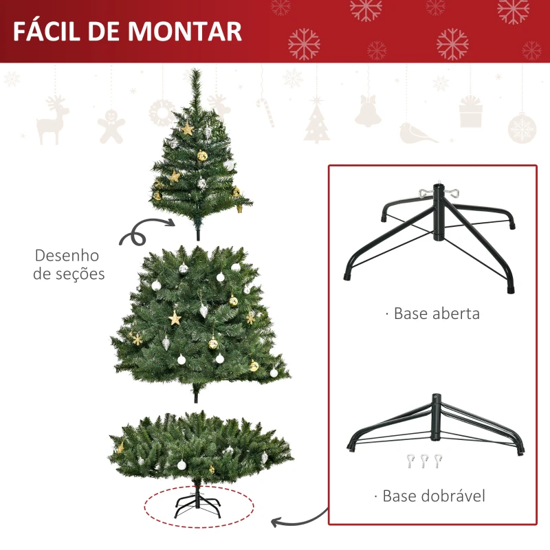 HOMCOM Árvore de Natal Artificial com 745 Ramos 200 Luzes LED com Cor Branco Quente Suporte e Decorações Incluídas Ø112x180cm Verde