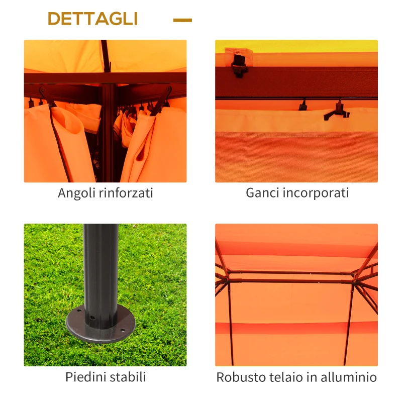 Outsunny Gazebo da Giardino 4x3m con Doppio Tetto e Tende Laterali, Arancione