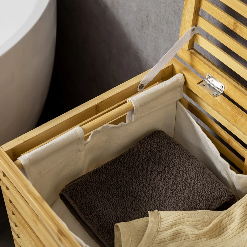HOMCOM Cos de rufe din bambus, cu capac si sac de captuseala detasabil, cos de spalat, economiseste spatiu, natural