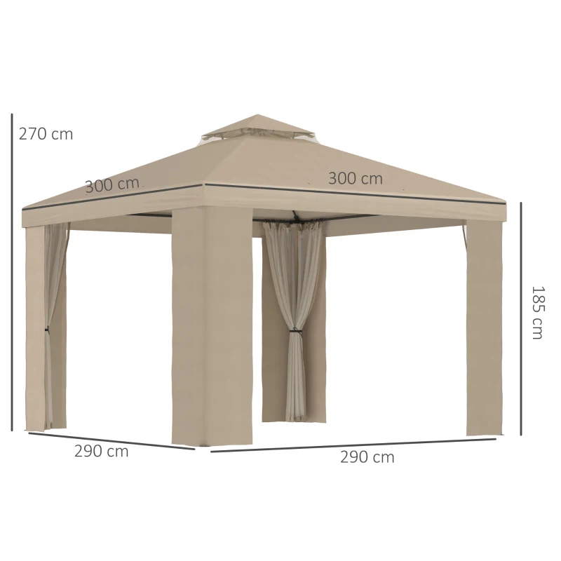 Outsunny Gazebo da Giardino 3x3m in Metallo con Zanzariera e Tetto a 2 Livelli in Poliestere Cachi