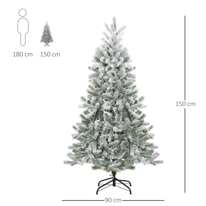 HOMCOM Árvore de Natal Nevada Artificial 150cm com 521 Ramos PVC e PE Base Dobrável e Suporte de Metal Decoração de Natal para Interiores Ø90x150cm Verde e Branco