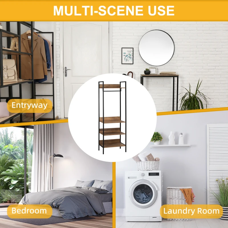 HOMCOM Suport de haine din lemn cu rafturi de depozitare pe 4 niveluri si sina de agatat pentru intrare, dormitor si birou, maro