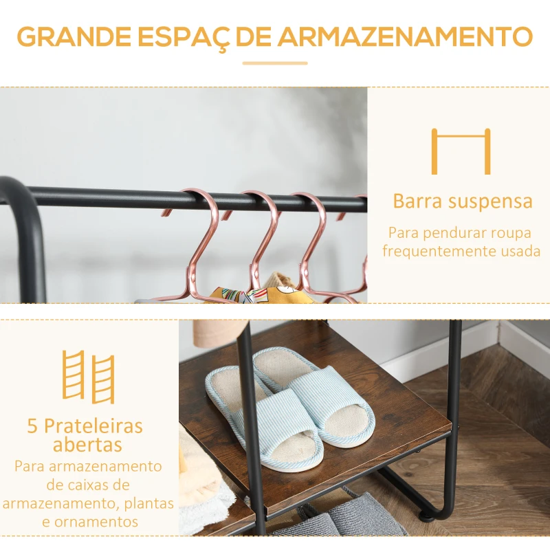 HOMCOM Suporte para Cabides com 4 Prateleiras de Armazenamento e Barra de Pendurar Estilo Industrial 101x39x160cm Marrom e Preto