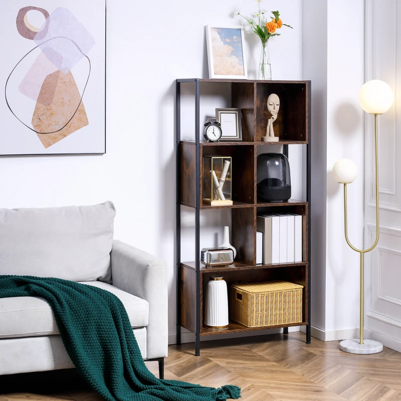 HOMCOM Estante Estilo Industrial de 4 Níveis Estante de Madeira com 7 Compartimentos 74x30x155cm Marrom Rústico