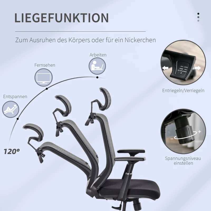 Vinsetto Bürostuhl Schreibtischstuhl ergonomischer Arbeitstuhl mit Kopfstütze Kleiderbügel höhenverstellbar Drehstuhl 150 kg Belastbarkeit Wohnzimmer Nylon Mesh Schwarz 66x68x116-126 cm