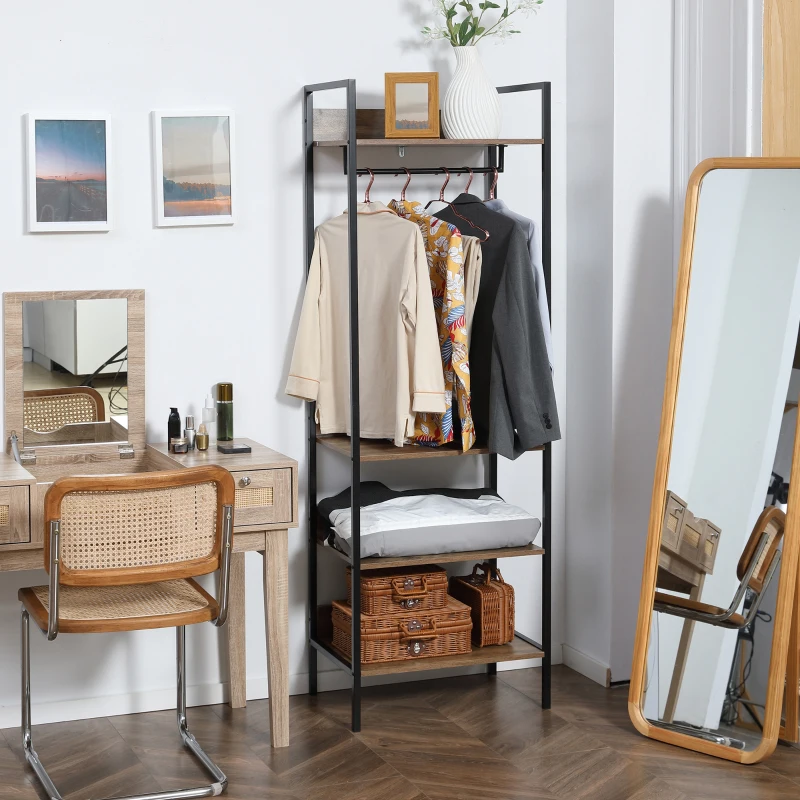 HOMCOM Suport de haine din lemn cu rafturi de depozitare pe 4 niveluri si sina de agatat pentru intrare, dormitor si birou, maro