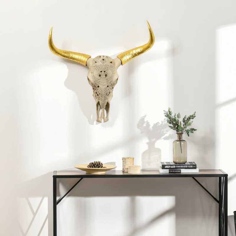 HOMCOM Wanddekoration Stierschädel aus Kunststoff 71 cm x 16 cm x 72 cm Kunstharz, Blattgold Mehrfarbig