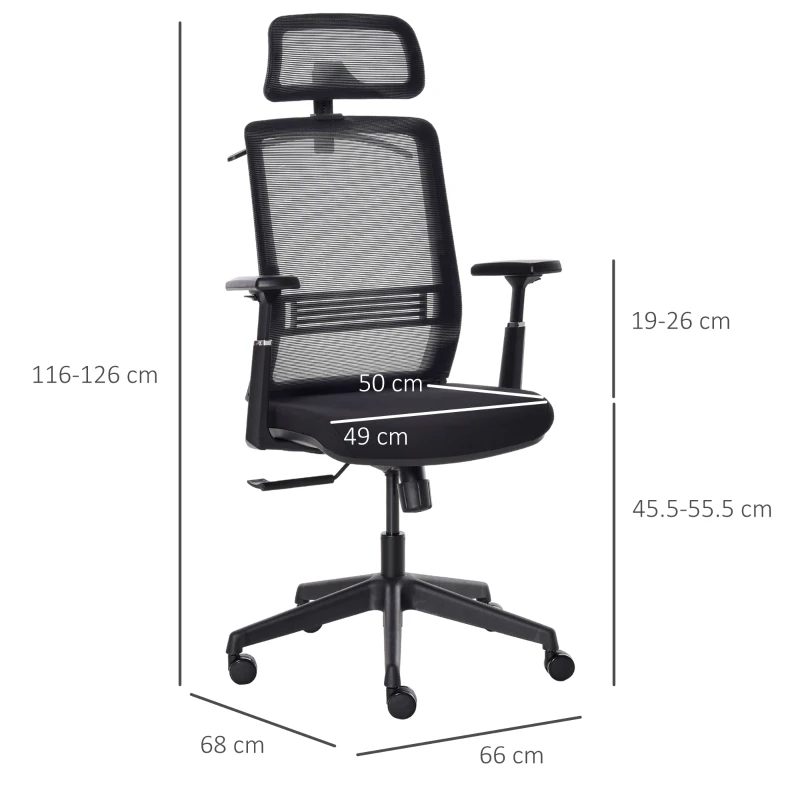 Vinsetto Bürostuhl Schreibtischstuhl ergonomischer Arbeitstuhl mit Kopfstütze Kleiderbügel höhenverstellbar Drehstuhl 150 kg Belastbarkeit Wohnzimmer Nylon Mesh Schwarz 66x68x116-126 cm