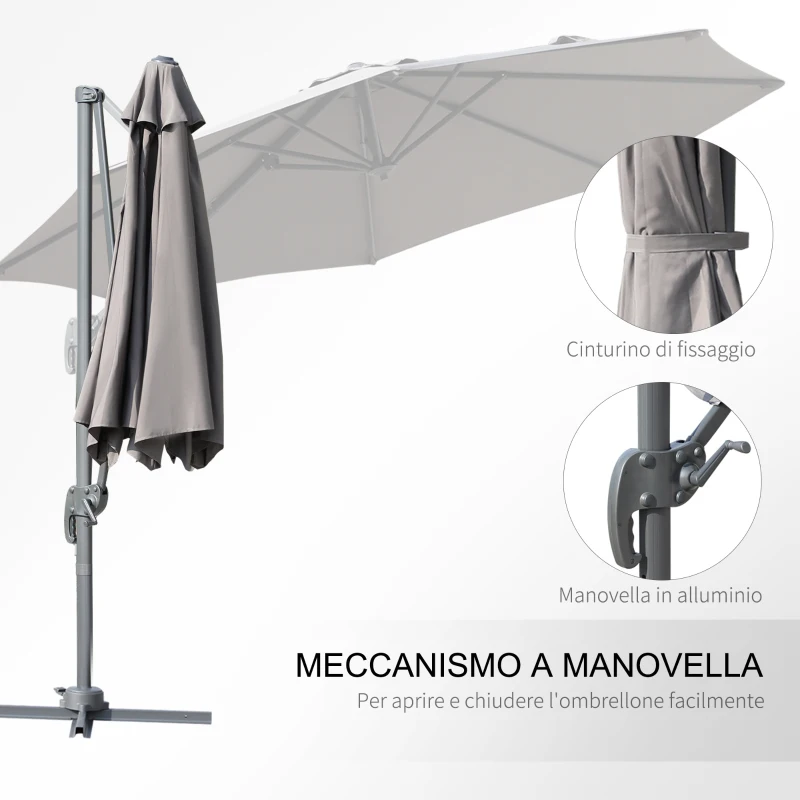 Outsunny Ombrellone Decentrato Angolazione Regolabile Girevole a 360 da Giardino Poliestere Φ294x248cm Grigio