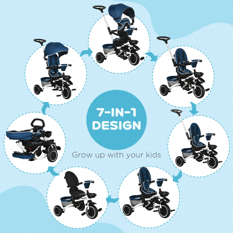 HOMCOM Tricicleta 7 in 1 pentru copii, Tricicleta pentru copii cu scaun rotativ, maner de impingere reglabil, centura de siguranta, baldachin detasabil,bara de siguranta pentru 12-50 de luni, albastru