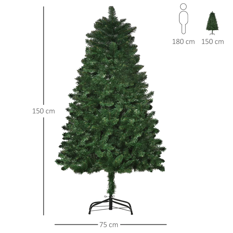 HOMCOM Árvore de Natal Artificial 150cm Ignífuga com 454 Ramas com 2 Tipos de Pontas de PVC e Base de Aço Decoração de Natal para Interiores Verde