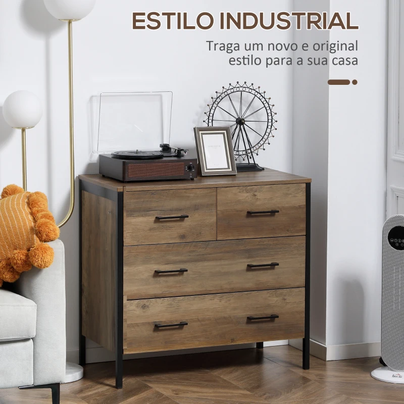 HOMCOM Cómoda com 4 Gavetas Cómoda de Madeira para Dormitório Móvel de Armazenamento Estilo Industrial 80x40x75cm Marrom e Preto