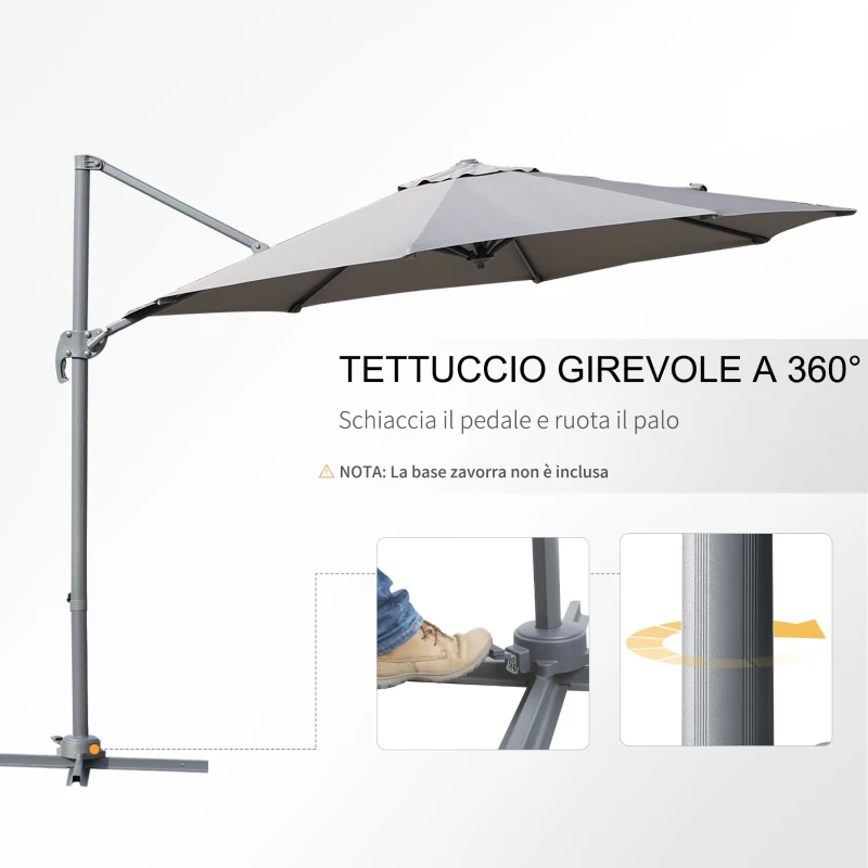 Outsunny Ombrellone Decentrato Angolazione Regolabile Girevole a 360 da Giardino Poliestere Φ294x248cm Grigio