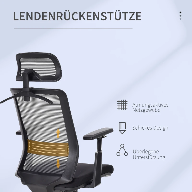 Vinsetto Bürostuhl Schreibtischstuhl ergonomischer Arbeitstuhl mit Kopfstütze Kleiderbügel höhenverstellbar Drehstuhl 150 kg Belastbarkeit Wohnzimmer Nylon Mesh Schwarz 66x68x116-126 cm