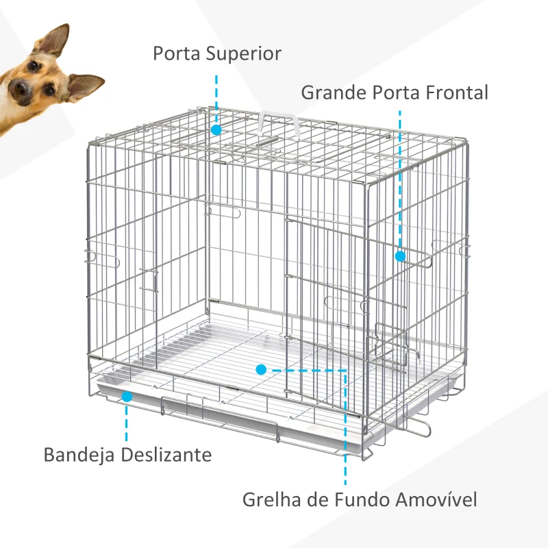 PawHut Gaiola Dobrável para Cães 61x43x50cm Gaiola de Metal para Cães com Bandeja Amovível com Travão Prata e Branco
