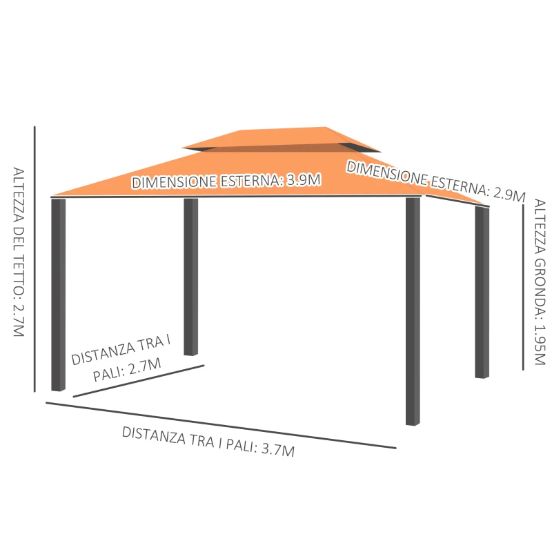 Outsunny Gazebo da Giardino 4x3m con Doppio Tetto e Tende Laterali, Arancione