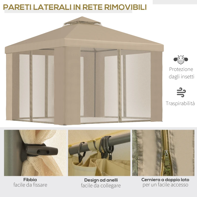 Outsunny Gazebo da Giardino 3x3m in Metallo con Zanzariera e Tetto a 2 Livelli in Poliestere Cachi