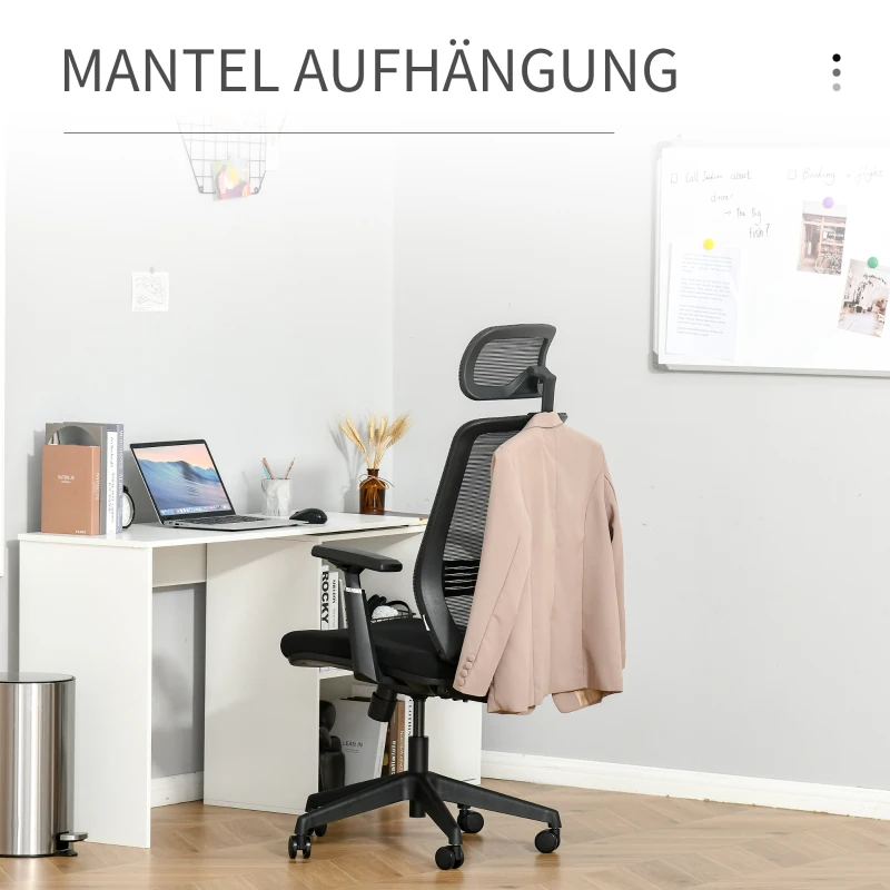 Vinsetto Bürostuhl Schreibtischstuhl ergonomischer Arbeitstuhl mit Kopfstütze Kleiderbügel höhenverstellbar Drehstuhl 150 kg Belastbarkeit Wohnzimmer Nylon Mesh Schwarz 66x68x116-126 cm