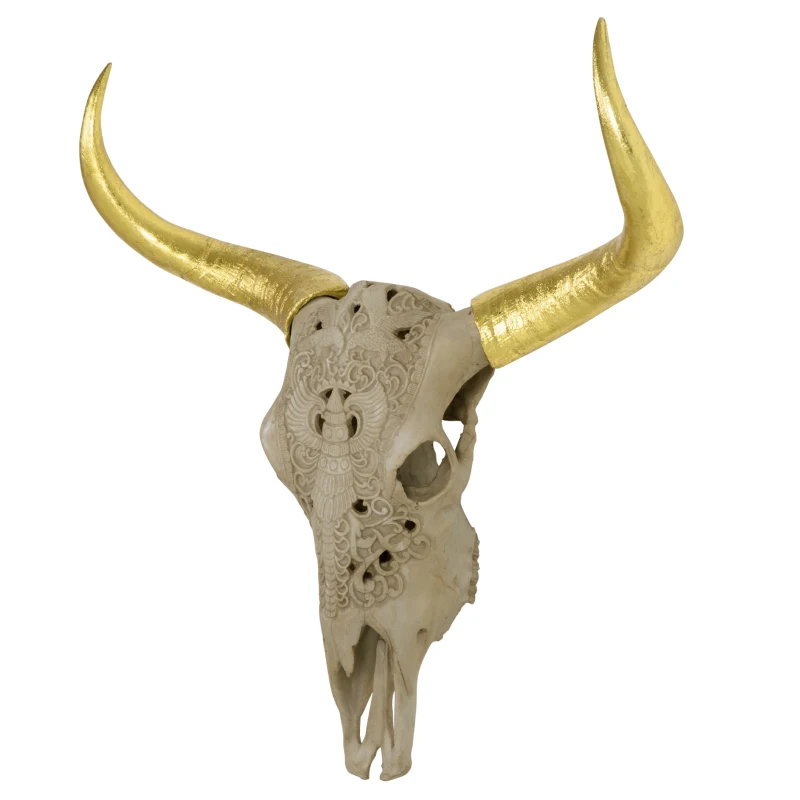 HOMCOM Wanddekoration Stierschädel aus Kunststoff 71 cm x 16 cm x 72 cm Kunstharz, Blattgold Mehrfarbig