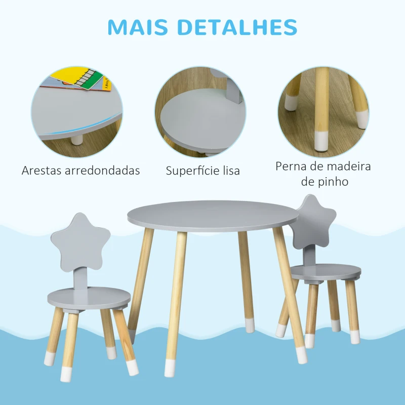 HOMCOM Conjunto de Mesa e 2 Cadeiras de Madeira para Crianças com Mesa Redonda Ø59x50cm e Cadeiras Ø28x51cm Cinza e Madeira