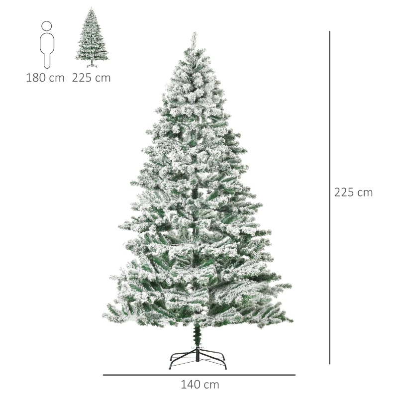 HOMCOM Árvore de Natal Ø140x225cm Neve Artificial com 1083 Pontas de PVC Base Dobrável e Suporte de Metal Decoração de Natal para Interiores Verde e Branco
