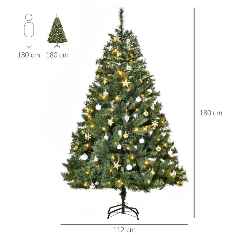 HOMCOM Árvore de Natal Artificial com 745 Ramos 200 Luzes LED com Cor Branco Quente Suporte e Decorações Incluídas Ø112x180cm Verde