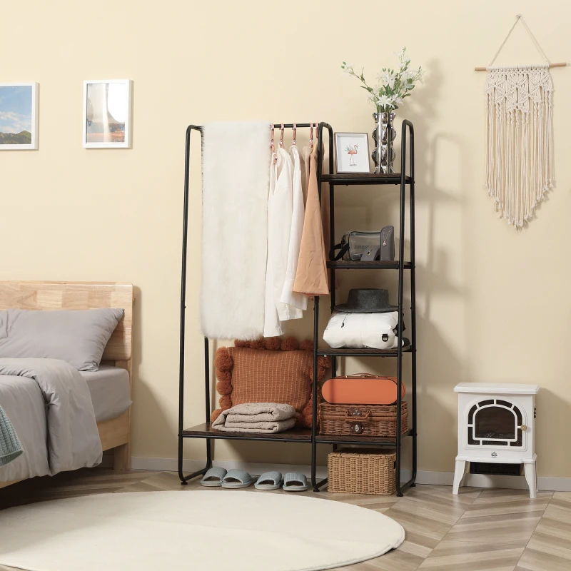 HOMCOM Suporte para Cabides com 4 Prateleiras de Armazenamento e Barra de Pendurar Estilo Industrial 101x39x160cm Marrom e Preto