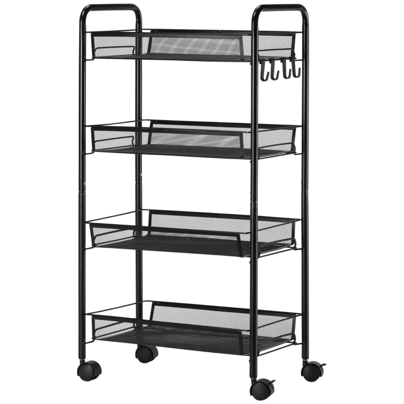 HOMCOM Carucior utilitar cu 4 niveluri, carucior de servire rulant cu cosuri de plasa detasabile, pentru sufragerie si bucatarie, spalatorie, garaj si baie, negru