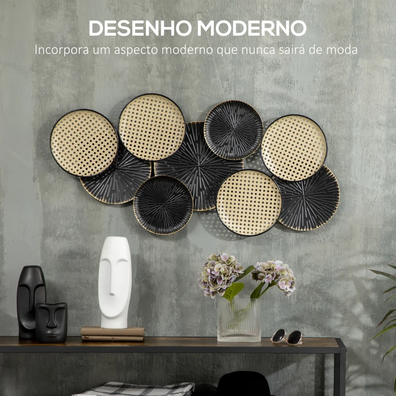 HOMCOM Decoração de Parede de Metal 3D Desenho de Círculos 100x48cm Arte de Parede Decoração de Parede Preto e Marrom