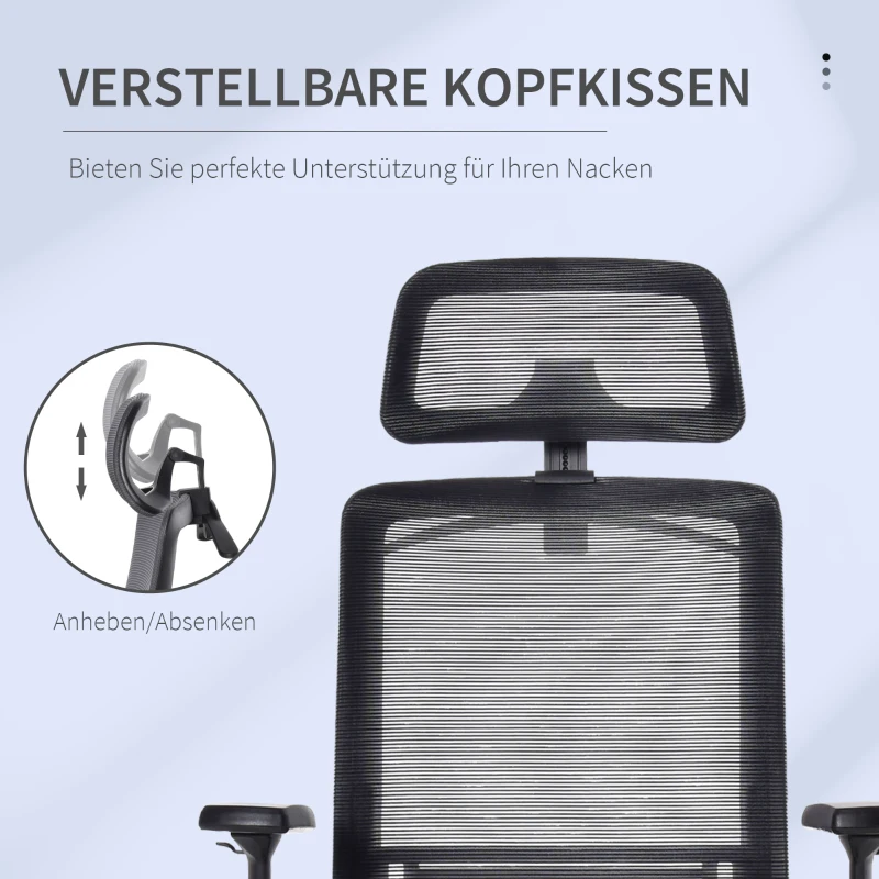 Vinsetto Bürostuhl Schreibtischstuhl ergonomischer Arbeitstuhl mit Kopfstütze Kleiderbügel höhenverstellbar Drehstuhl 150 kg Belastbarkeit Wohnzimmer Nylon Mesh Schwarz 66x68x116-126 cm