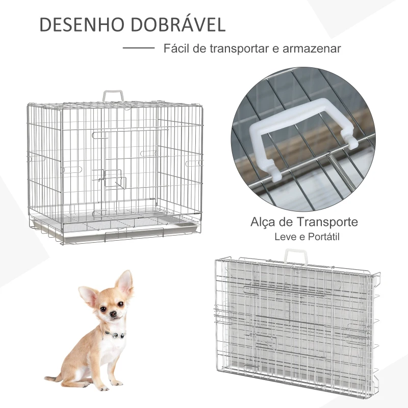 PawHut Gaiola Dobrável para Cães 61x43x50cm Gaiola de Metal para Cães com Bandeja Amovível com Travão Prata e Branco