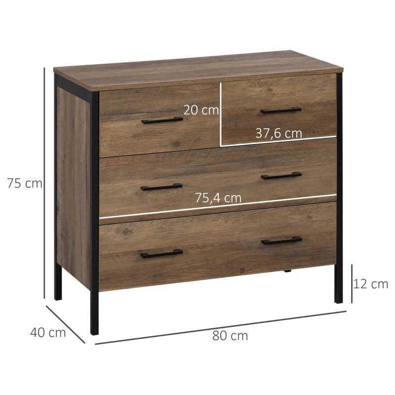 HOMCOM Cómoda com 4 Gavetas Cómoda de Madeira para Dormitório Móvel de Armazenamento Estilo Industrial 80x40x75cm Marrom e Preto