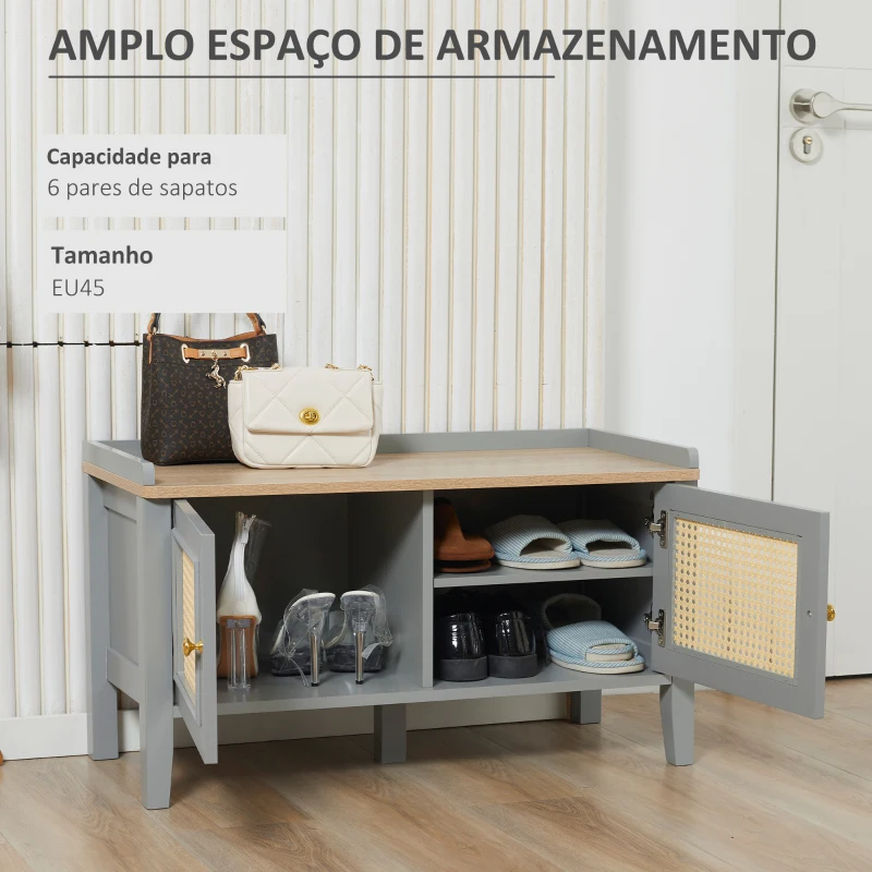 HOMCOM Sapateira para 6 Pares de Sapatos com 2 Portas de Vime e Prateleira Ajustável Sapateira Estilo Cannage 80x35x45cm Cinza