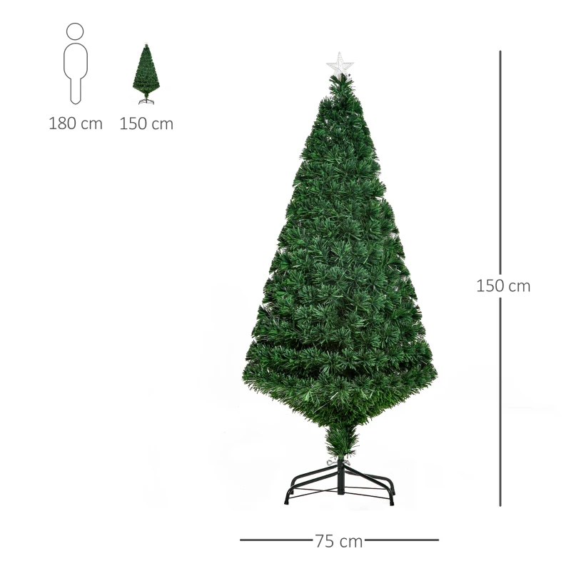 HOMCOM Árvore de Natal Artificial 150 cm Árvore de Natal com Fibra Óptica e Suporte Metálico Decoração de Natal Ø75x150 cm Verde