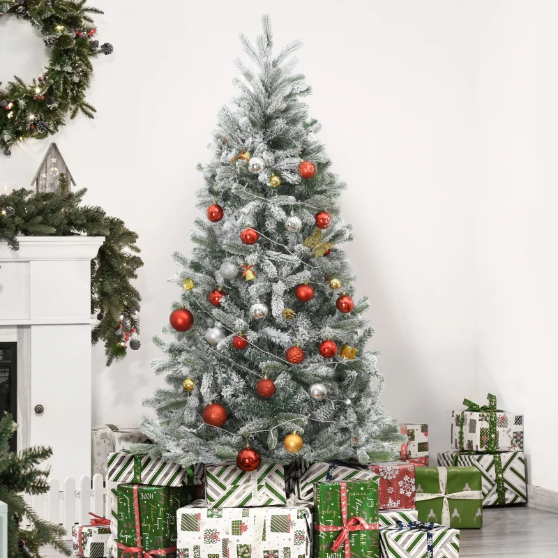 HOMCOM Árvore de Natal Nevada Artificial 150cm com 521 Ramos PVC e PE Base Dobrável e Suporte de Metal Decoração de Natal para Interiores Ø90x150cm Verde e Branco