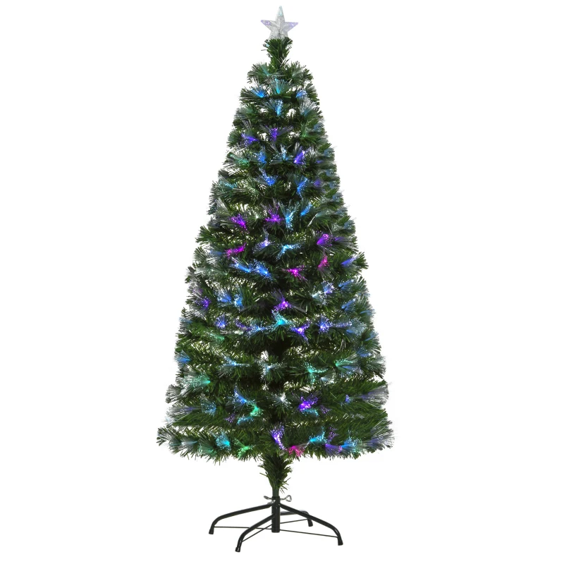 HOMCOM Árvore de Natal Artificial150cm com 180 Ramos Luzes LED de Múltiplas Cores e Estrela Decorativa Ø74x150 cm Verde