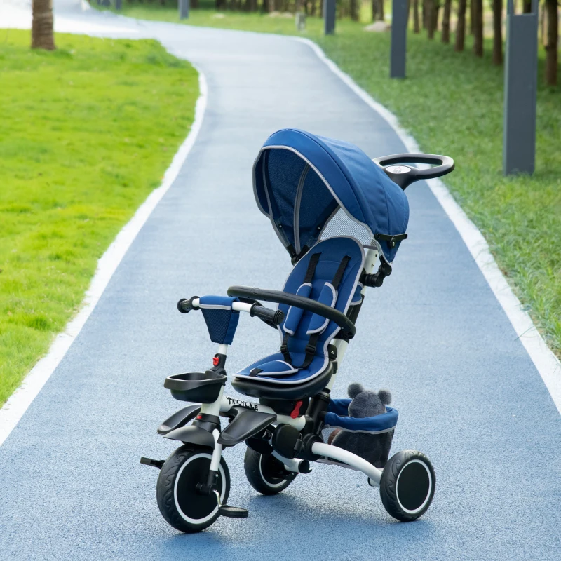 HOMCOM Tricicleta 7 in 1 pentru copii, Tricicleta pentru copii cu scaun rotativ, maner de impingere reglabil, centura de siguranta, baldachin detasabil,bara de siguranta pentru 12-50 de luni, albastru