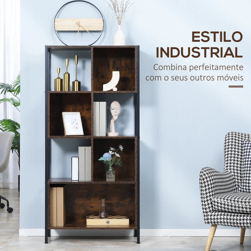 HOMCOM Estante Estilo Industrial de 4 Níveis Estante de Madeira com 7 Compartimentos 74x30x155cm Marrom Rústico