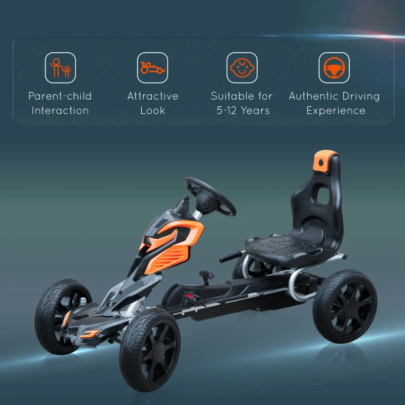HOMCOM masina pentru karting cu Pedale pentru Copii in Otel, Oranj si Negru