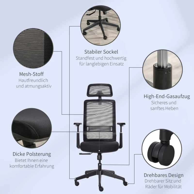 Vinsetto Bürostuhl Schreibtischstuhl ergonomischer Arbeitstuhl mit Kopfstütze Kleiderbügel höhenverstellbar Drehstuhl 150 kg Belastbarkeit Wohnzimmer Nylon Mesh Schwarz 66x68x116-126 cm